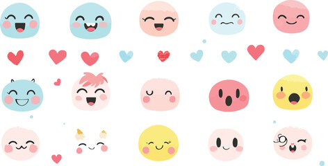 Cute Kawaii Faces Seamless Pattern with Hearts on White Background