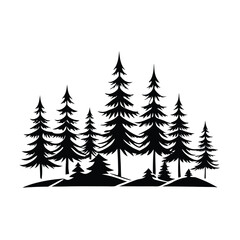 Black pine trees forest silhouette white