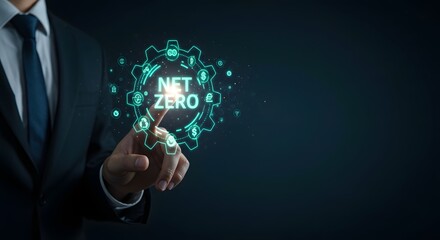 Net Zero Concept: Businessman Interacting with Futuristic Interface