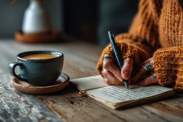 Journaling prompts for self-discovery with coffee on a cozy wooden table