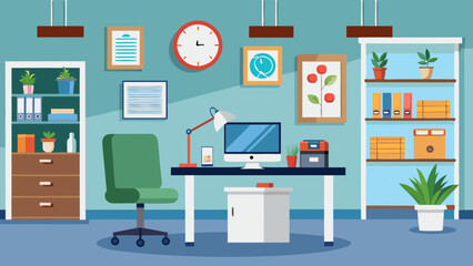 Modern flat design office interior with desk computer chair and bookshelves