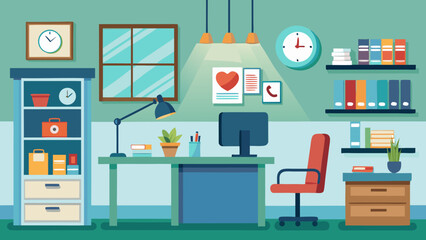 Modern home office with desk computer chair bookshelf and window