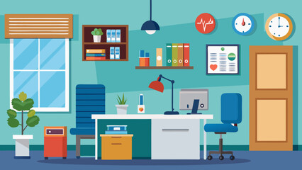 Fototapeta premium Modern office interior with desk computer chair bookshelf and window