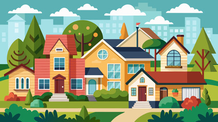 Fototapeta premium Charming suburban neighborhood with colorful houses and lush green trees