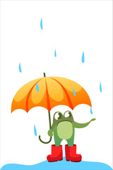 A cute frog in red rubber boots stands in a puddle, holding a large umbrella. Catches a raindrop with its paw.