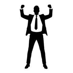 Obraz premium Victory Silhouette: A strong silhouette of a business person stands with arms raised high in celebration, dressed impeccably in a formal suit and tie, demonstrating the essence of achievement.