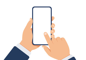 Close up shot of a person's hands holding a modern smartphone with a blank screen ready for interaction and content