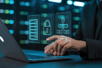 Exploring cybersecurity solutions data protection with server lock and network technology on laptop screen