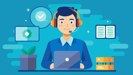 Customer service representative with headset and laptop providing online support