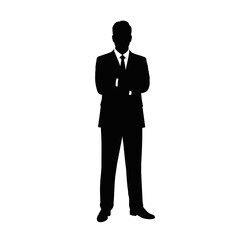 Silhouette of Professional Confidence: A striking silhouette of a distinguished individual, embodying professionalism and poise, stands confidently, arms crossed, in a sophisticated suit and tie.