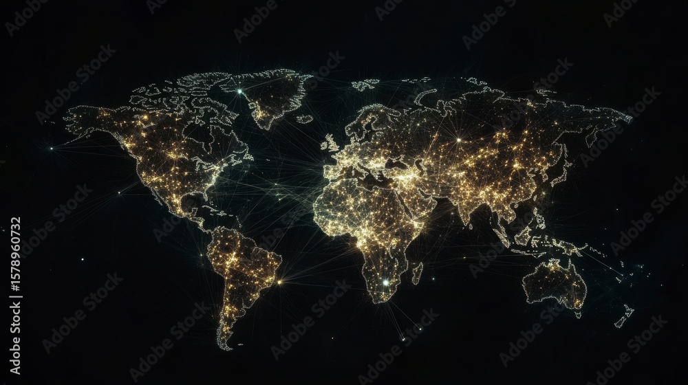 Poster global network connections visualized as a luminous world map with interconnected nodes representing