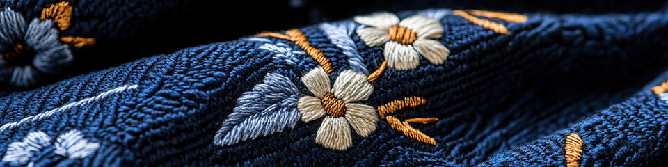 Close-up of Navy Blue Fabric with Embroidered Flowers