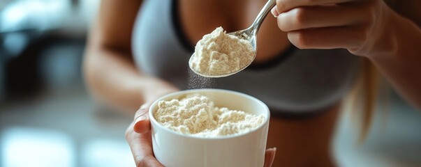 Close-up spoon during young sporty woman pouring protein powder into a cup for a meal replacement after a workout, Generative AI