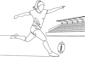 Female Rugby Player Kicking Ball - Continuous Line Art Vector Illustration for Sports, Fitness, and Athletic Themes.