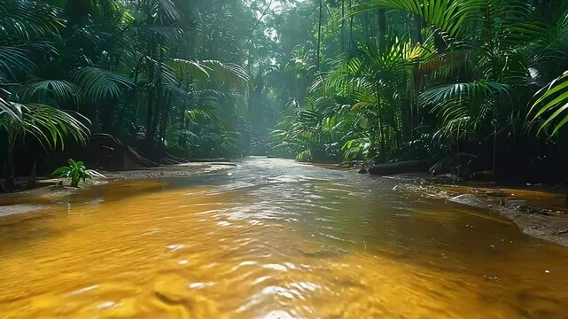 Golden stream in lush rainforest footage