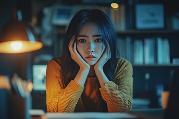 Family conflict, Asian woman covering her face and sitting apart from her husband, reflecting feelings of disappointment and emotional strain after a quarrel at home, Generative AI