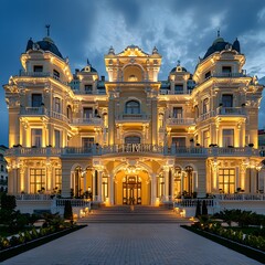 Naklejka premium Photo of a luxurious hotel building illuminated at night with elegant architecture and stunning lighting effects