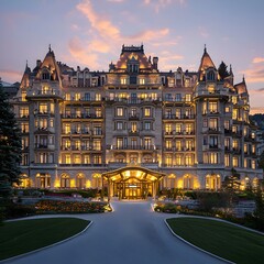 Fototapeta premium Photo of a luxurious hotel building illuminated at night with elegant architecture and stunning lighting effects