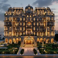 Fototapeta premium Photo of a luxurious hotel building illuminated at night with elegant architecture and stunning lighting effects