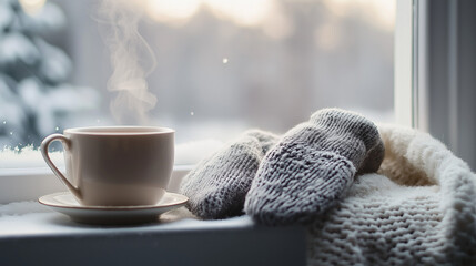 Steaming cup of coffee and mittens by snowy window