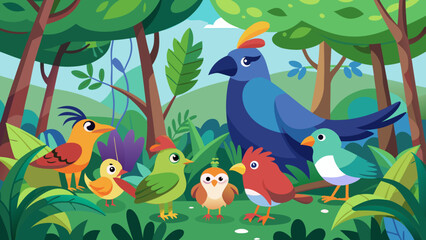 Fototapeta premium A colorful flock of cartoon birds gathered in a lush green forest setting