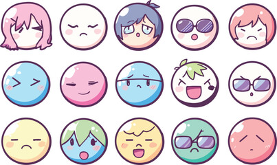 Fototapeta premium Cute Cartoon Emoticons with Various Expressions in Pastel Colors on White