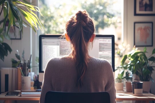Office syndrome scenario, a woman experiencing back pain symptoms due to prolonged sitting at her desk in an office environment, highlighting the importance of ergonomics and self-care, Generative AI