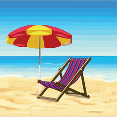 Create a kinds of deferent Beach chair and Parasolid vector art with white background.
