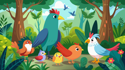 A group of colorful cartoon birds gathered in a lush green forest setting