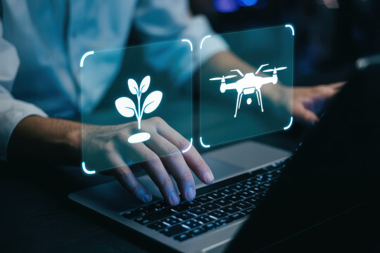 Agricultural technology using drones for farming and crop monitoring on laptop for precision agriculture