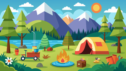 Vibrant flat design illustration of a scenic camping scene with mountains and a lake