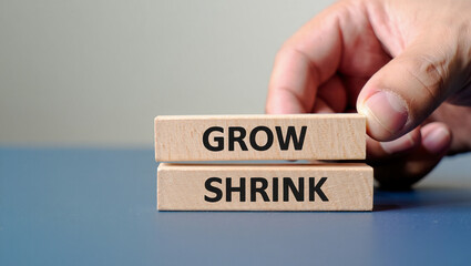 A hand is placing wooden blocks with the words grow and shrink, symbolizing economic changes