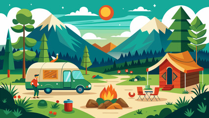 Man enjoys camping in a scenic mountain landscape with a camper van and tent