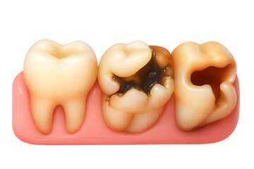 Progression Of Tooth Decay Illustrated Against Transparent Backdrop And Pink Gumline In Bright Lighting