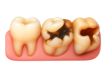 Progression Of Tooth Decay Illustrated Against Transparent Backdrop And Pink Gumline In Bright Lighting