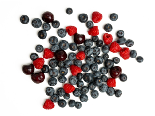 The High-resolution fruit photo of cherries, raspberries and blueberries taken with split-focus technique.