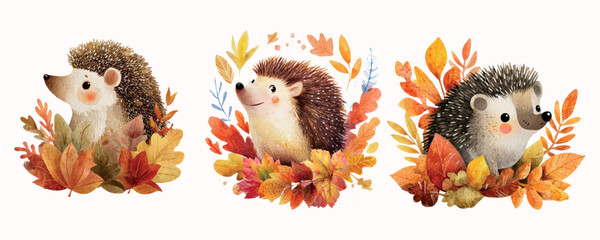 Watercolor set of cute autumn hedgehogs. Cute hedgehogs in cartoon style with autumn leaves. Cute forest characters of autumn forest. Characters for autumn school designs, autumn etc.  © Narin