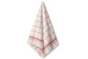 Kitchen towel featuring red checkered pattern hanging, highlighting domestic preparation and culinary workspace design