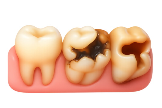 Progression Of Tooth Decay Illustrated Against Transparent Backdrop And Pink Gumline In Bright Lighting