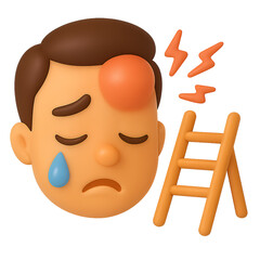 3D Cartoon Man with Bump on Head Ladder and Lightning Bolts Sad Face and Transparent Background