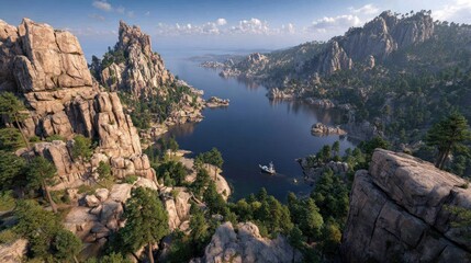Obraz premium Mountainous lake vista, rocky shores