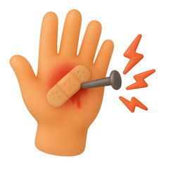 3D Rendering of Nail Injury on Hand with Bandage and Red Lightning on Transparent Background