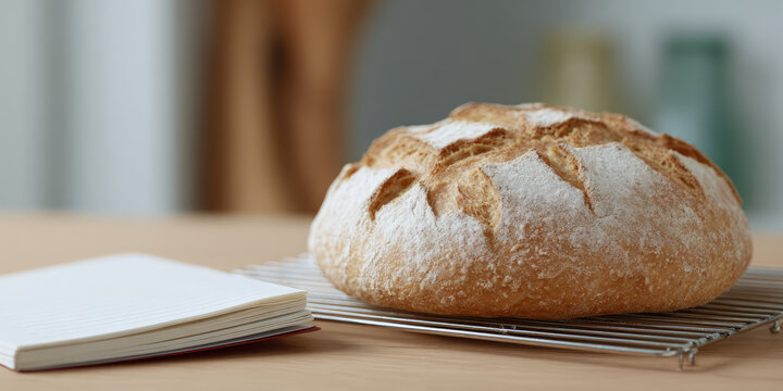A loaf of round bread sits on a cooling rack beside an open notebook on a table. Freshly baked bread concept