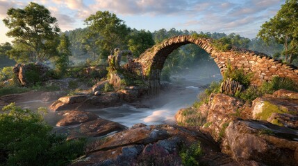 Ancient stone arch bridge over misty river. Lush forest backdrop