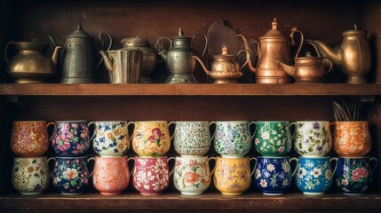 A vibrant display of colorful decorative mugs and vintage metallic teapots arranged neatly on a wooden shelf.