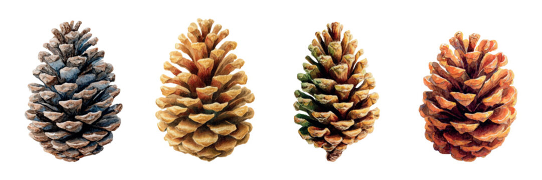 Watercolor set of pine cones png. Clip art of pine cones, fir tree, cedar, etc. Christmas and winter natural elements. Christmas tree and Christmas decorations. Vector illustration