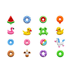 Collection of colorful inflatable toys including watermelon, flamingo, duck, frog, unicorn, and various patterned swim rings on a white background.