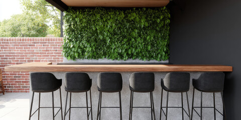 A row of modern bar stools sits at a wooden counter with a green plant wall behind. Outdoor seating, modern design
