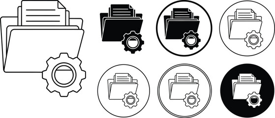 Various folder icons with documents and gear shapes in black and white