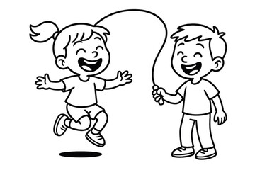 Joyful Kids Cartoon Illustration of Girl Jumping Rope with Boy Against Transparent Background